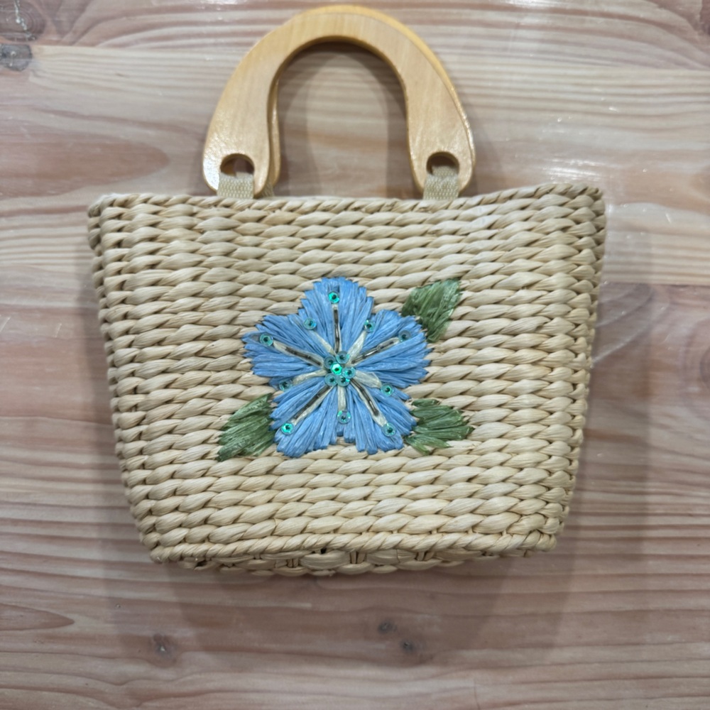 Faded Glory Tan and Blue Mini Bag with Floral Embroidery